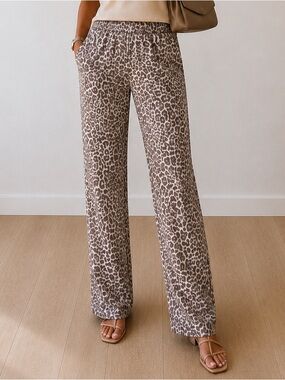 NWOT &Other Stories Taupe Beige Leopard Print Pull On Satin Wide Leg Pants US 10